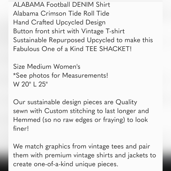 ALABAMA Roll Tide Football Denim Shirt Hand Crafted Upcycled Handmade Design - Picture 10 of 10